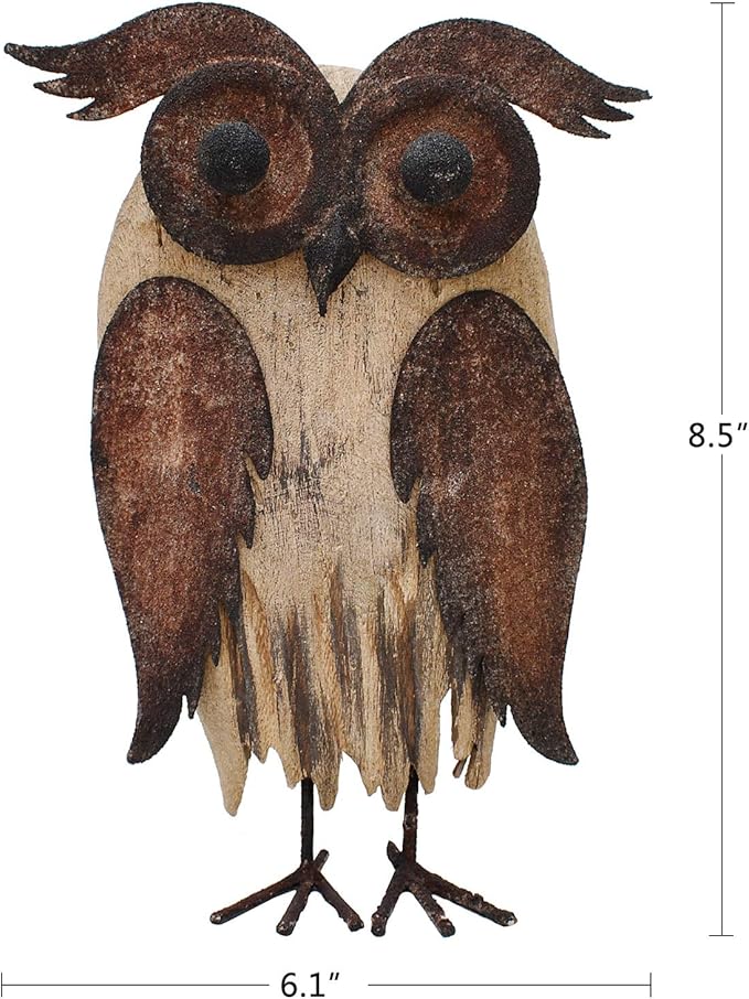 E-View Rustic Owl Figurine - Wood & Iron - Collectible - Home Decor - Brown