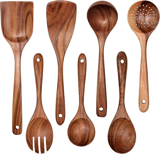 Wooden Non-Stick Kitchen Pan Toolset 7 Pieces Set,100% Natural Teak Kitchen Utensils Spatula, Wooden Cooking Utensils Spoons, Fried Spatula and Salad Fork