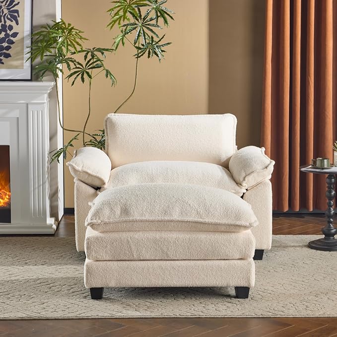 Karl home Oversized Accent Chair Teddy Fleece Sofa with Chaise, Modern Sofa Chair with Removable Ottoman Modular 1-Seater Couch and 2-Layer Ottoman for Living Room, Apartment, Studio, Beige