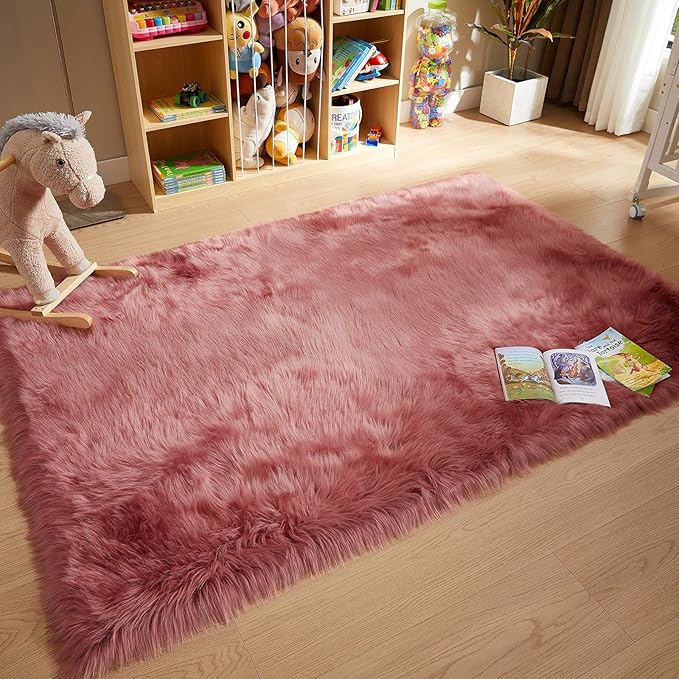 AMTOVO Faux Fur Sheepskin Rug for Living Room, 4 x 6 ft Blush Pink Fluffy Area Rug for Bedroom, Playroom, Luxury Room Decor, Rectangle