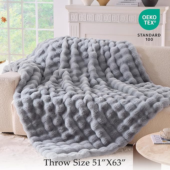 BENVWE Fluffy Faux Fur Throw Blanket for Couch, Soft Plush Thick Cozy Fuzzy Luxury Minky Bubble Blanket for Home Living Room Decor Gift for Women, Light Grey, 51" x 63", 1100GSM