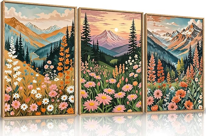 HPINUB Mountain Sunset Floral Framed Canvas Wall Art Set,Colorful Wildflower Daisy Flower Wall Decor,Boho Blossom Botanical Artwork Modern Nature Landscape Art Print for Living Room,Bedroom-16 x24 x3