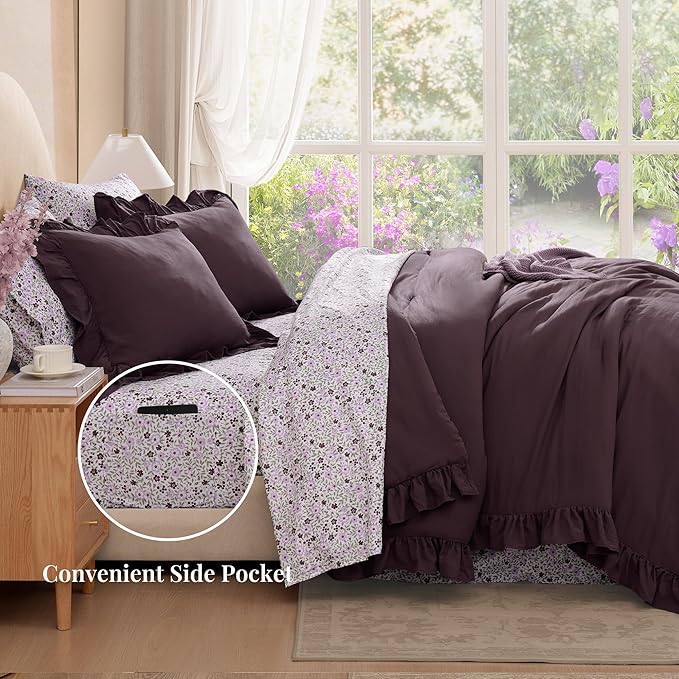 King Comforter Set - 7 Pieces Ruffle Purple Bedding Sets, Shabby Chic Farmhouse Bed in a Bag King with Ruffle Comforter, Floral Sheets, Pillowcases & Shams