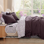 King Comforter Set - 7 Pieces Ruffle Purple Bedding Sets, Shabby Chic Farmhouse Bed in a Bag King with Ruffle Comforter, Floral Sheets, Pillowcases & Shams