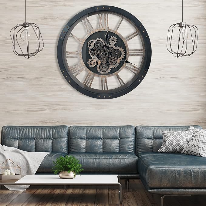 DORBOKER 24" Large Wall Clock with Moving Gears,Oversize Vintage Industrial Rustic Farmhouse Clocks for Living Room Decor Office Home,Solid Wood HD Tempered Glass Cover,Vintage Black