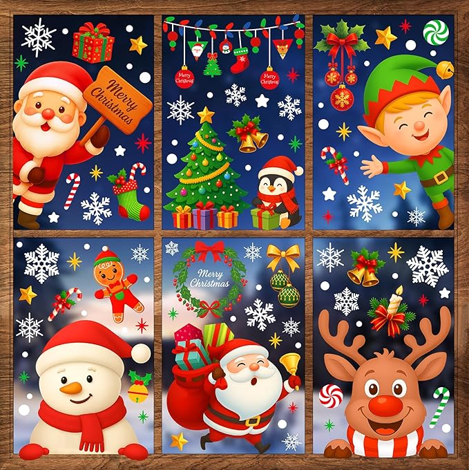 Christmas Window Clings - 9 Sheets 162 Pcs Cute Xmas Decorations for Winter Holiday Home Party Santa Reindeer Snowman Gingerbread Snowflake Stickers for Glass Double-Sided Static Window Decals