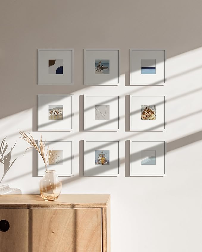 HAUS AND HUES 8x8 White Metal Picture Frames Matted to 4x4 - Features Premium Aluminum & Hanging Hardware, Shatterproof Plexiglass - Ideal for Home, Room, Office (8x8 in, White, Set of 9)