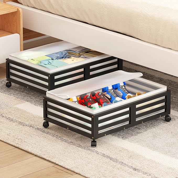 Under Bed Storage with Wheels-Large Bamboo Underbed storage Containers with Large Dust Bag Stackable Under the Bed Shoe Storage Bins for Clothes Books Bedding (2 Packs Black, 23.62"L×16.54"W× 6.51"H)