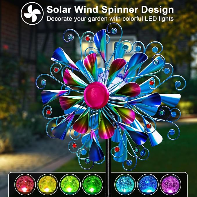 60'' Wind Spinner with Color Glass Ball Solar Lights, Blue Peacock Feathers Metal Garden Outdoor Decor Yard Lawn Art Decor for Patio Kinetic Windmills Unique Gifts for Friends and Family