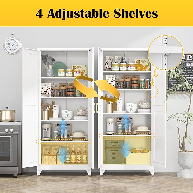 Kitchen Pantry Cabinet,75”White Metal Storage Cabinets with Doors and 4 Adjustable Shelves,Kitchen Cabinet with 2 Gold Handles,Tall Cabinet for Livingroom,Pantry, Bathroom