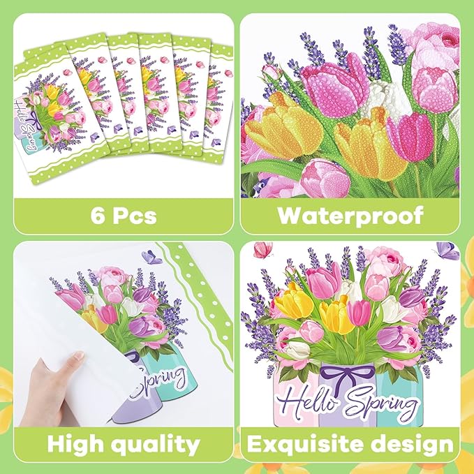 Spring Placemats Set of 6 Easter Plastic Table Mats Tulip Place Mats Washable Vinyl Flower Vase Spring Table Decoration for Indoor Outdoor Party Kitchen Dining
