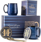 Hasense Coffee Mugs Set of 2, 12oz Ceramic Glazed Mugs with Handles, Blue Reactive Glazes Tea Cups Gift Set for Men and Women, Includes Gold Spoon & Coaster