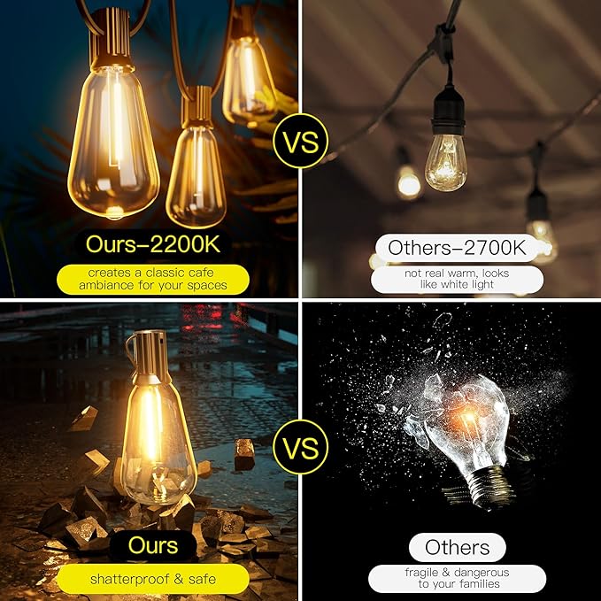 OHLUX Exterior Hanging Lights,180FT Connectable Outside Patio Lights with 94 Shatterproof ST38 LED Vintage Bulbs,2200K Connectable & Waterproof for Deck Porch Bistro Gazebos Balcony Pool(120FT+60FT)