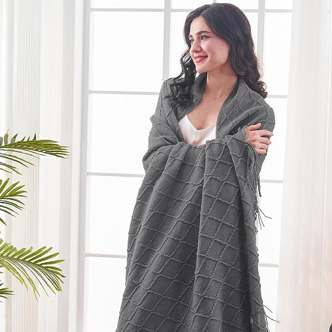 inhand Grey Throw Blanket for Couch and Bed, Soft Living Room Home Decor Knitted Blanket with Tassel, Outdoor Lightweight Breathable Summer Blanket, Farmhouse Warm Woven Decorative, 50"x60"