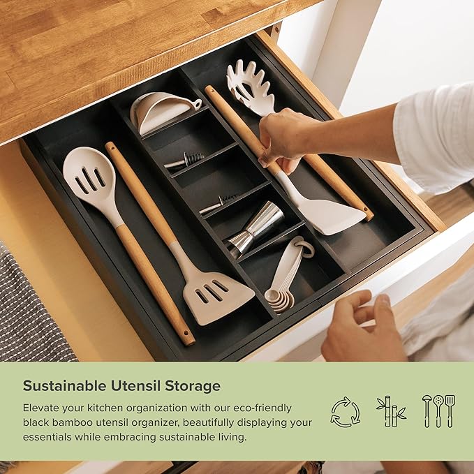 Adjustable Kitchen Drawer Organizer for Utensils and Junk, Food-Safe Contract Grade with 100% Sustainable Wood, Expandable from 16 to 28 Inches Wide - Black Bamboo