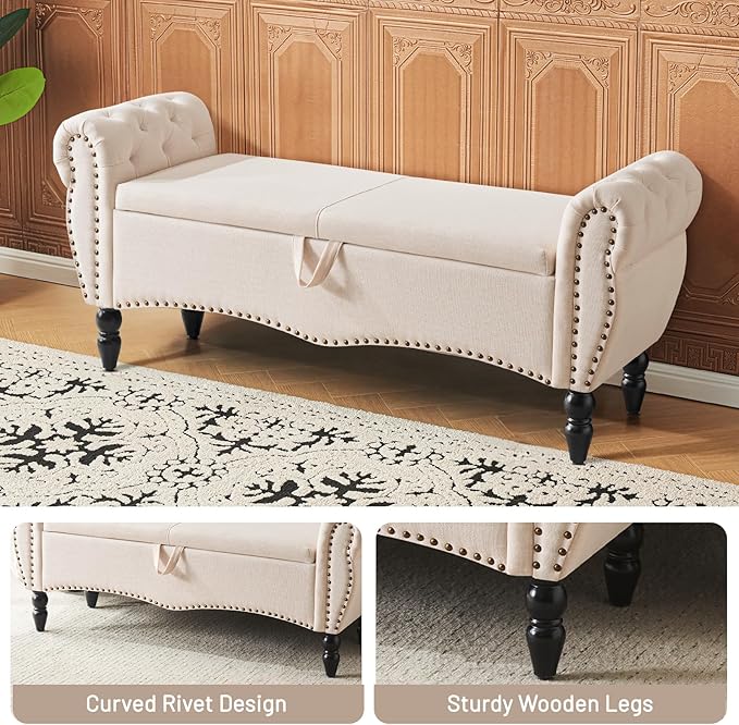 Furniliving Storage Ottoman Bench for Bedroom, Upholstered End of Bed Bench with Solid Wood Legs Modern Shoe Storage Bench Indoor Bench for Living Room Entryway Bench Furniture,Beige, Linen