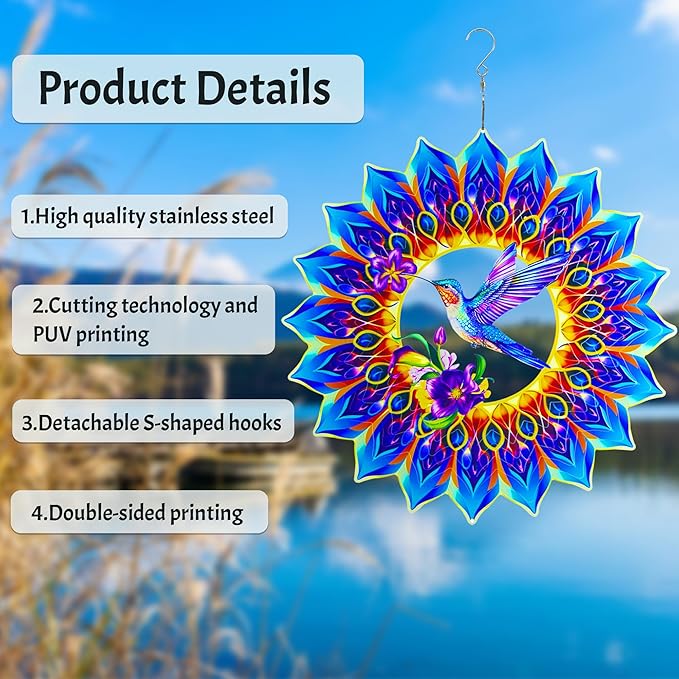 Hummingbird Wind Spinner,Hanging Wind Spinners Outdoor for Garden Decoration，15.7 inch 3D Stainless Steel Wind Sculpture for Indoor/Outdoor Decor