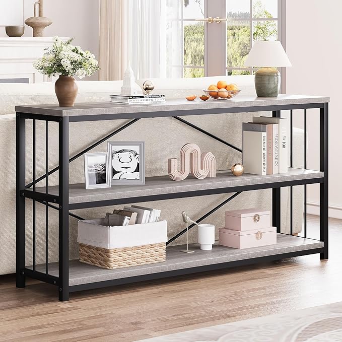 LVB Long Console Table with Storage, Farmhouse Rustic Skinny Entryway Table, Modern Wood Metal Hallway Sofa Table with Shelf, Industrial Narrow Couch Entry Table for Foyer Living Room, Light Grey, 63