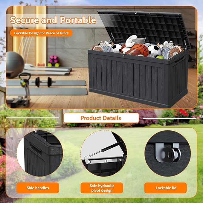 230 Gallon Double-Wall Resin Deck Box - Lockable Waterproof Outdoor Storage Box, 1000lbs Capacity & Doubles as Seating for Patio Furniture - Garden Tools, Pool Accessories (Black)