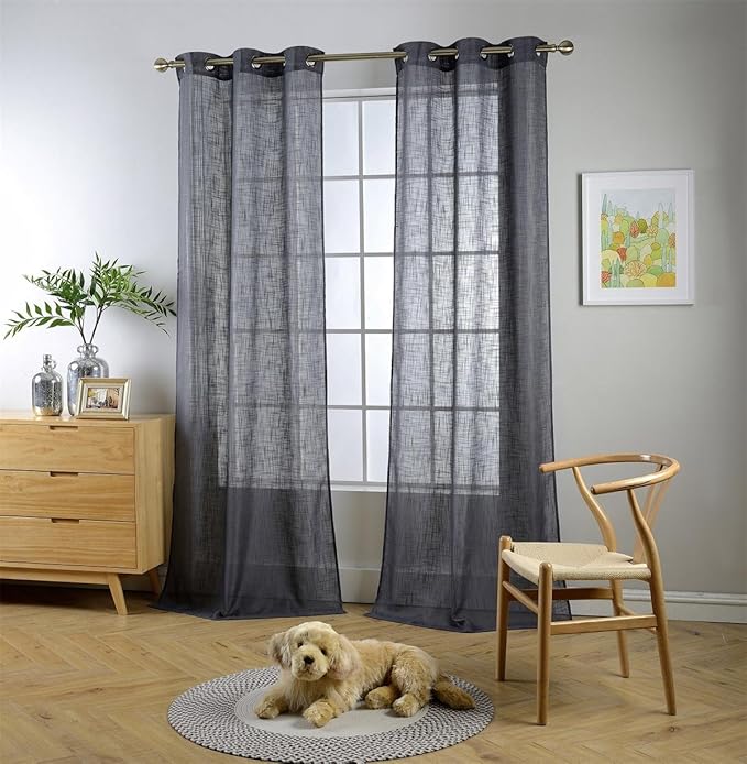 MIUCO Semi Sheer Curtains Poly Linen Textured Solid Grommet Curtains 84 Inches Long for French Doors 2 Panels (2 x 37 Wide x 84" Long) Charcoal Grey
