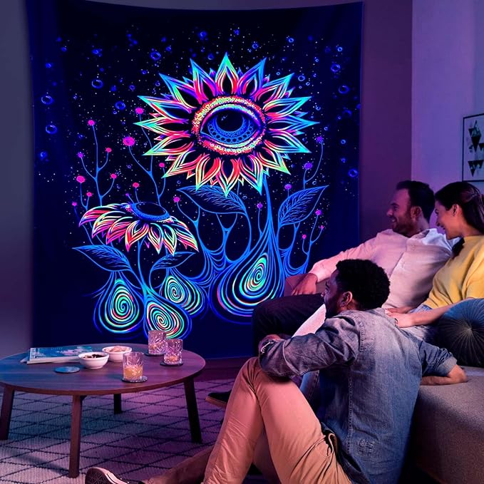 ADDWel Blacklight Sunflower Tapestry, Hippie Eye Tapestry Glow In The Dark, UV Reactive Black Light Upright Posters Wall Hanging for Bedroom Dorm Living Room Backdrop Decor