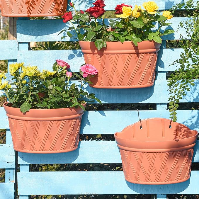 Sungmor Wall Hanging Planters,11.5 Inch Hanging Flower Pots for Railing Fence - Indoor Outdoor Balcony Wall Hanging Basket, Plastic Plant Pot Container - Half Round & 3PC Pack & Brick Red