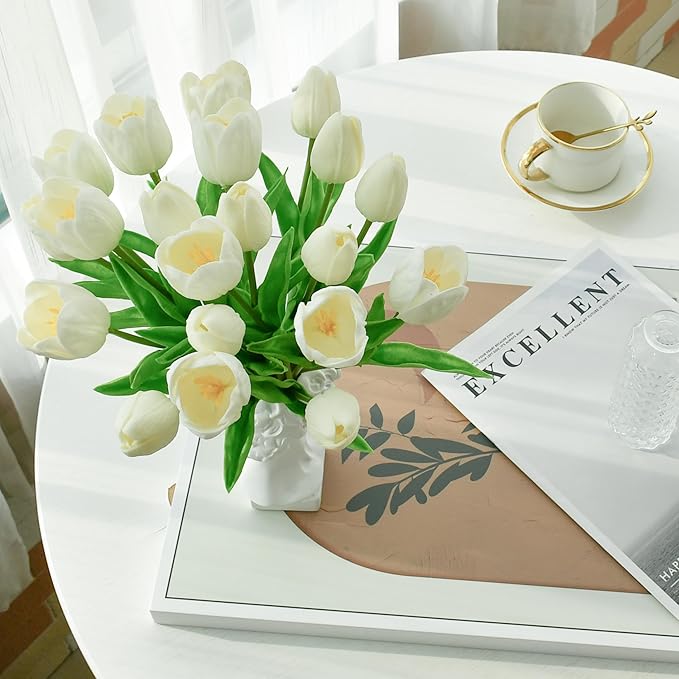 Mandy's Artificial Tulips 12 Stems White PU Faux Flowers for Wedding Home Decor 13.5 Inch