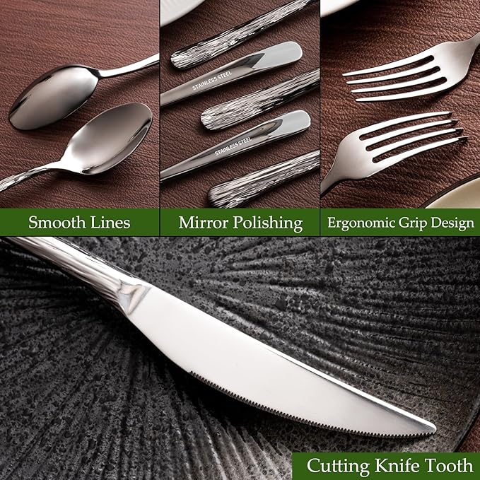 Aisoso 40-Piece High-End Silverware Set with Stone Patterned Handle Mirror Finished Stainless Steel Serving Utensils for 8, Durability and Dishwasher Safe for Home, Restaurant, Weddings