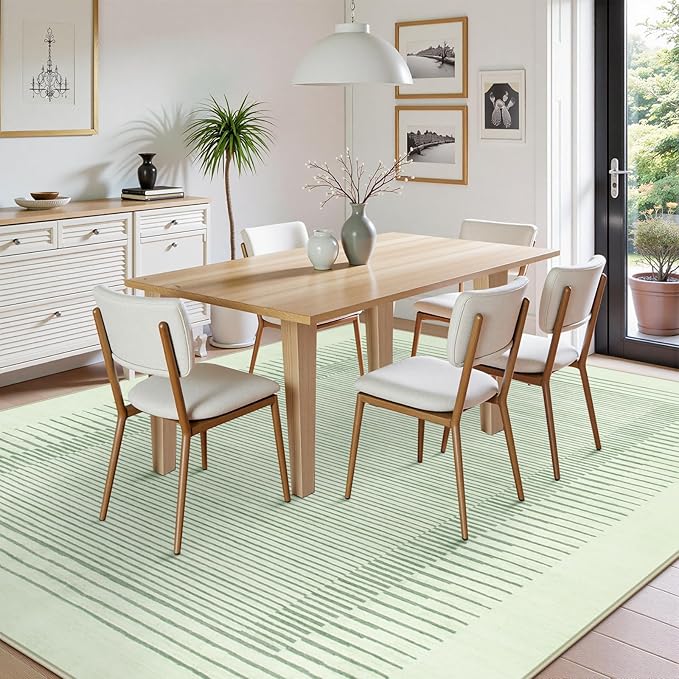 Wonnitar Washable Striped 8x10 Rugs for Living Room, Non-Slip Soft Sage Green Bedroom Rug, Low Pile Minimalist Floor Carpet for Nursery Playroom Dining Room Department (Green, 8' x 10')