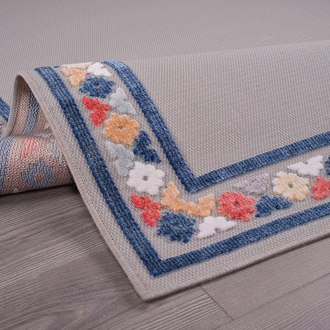 Beverly Rug Outdoor Runner Rug 2x7 Modern Floral Bordered Area Rugs for Indoor and Outdoor Patio Easy to Clean Non Shedding Living Room Porch Garden Washable Outside Carpet (2 x 7 Gray)