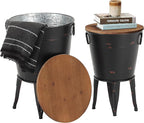 Rustic Storage Farmhouse Accent Side Table, Antique Galvanized Metal End Coffee Cocktail Table Box Bin with Round Wooden Lid Set of 2 (Black)
