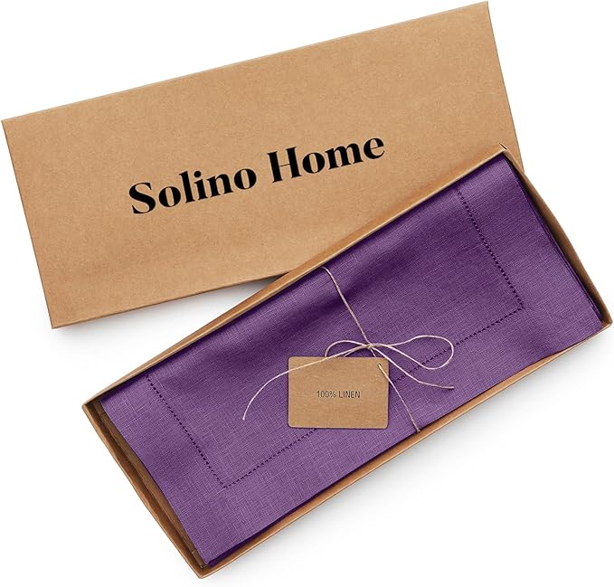Solino Home Linen Purple Table Runner 108 Inches Long - 100% Pure Linen Hemstitch 14 x 108 Inch Table Runner for Dining, Fall, Autumn, Halloween, Thanksgiving - Classic Hemstitch