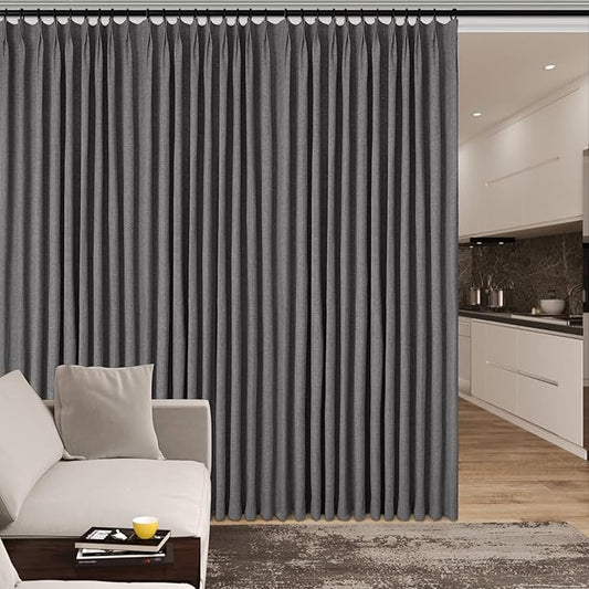 Natural Grey Pinch Pleat 100% Blackout Drapes Linen Blend, Room Divider, Room Darkening, Energy Saving, Furniture Protecting, Light Blocking Extra Wide Privacy Curtains, 200Wx102L, 1 PC