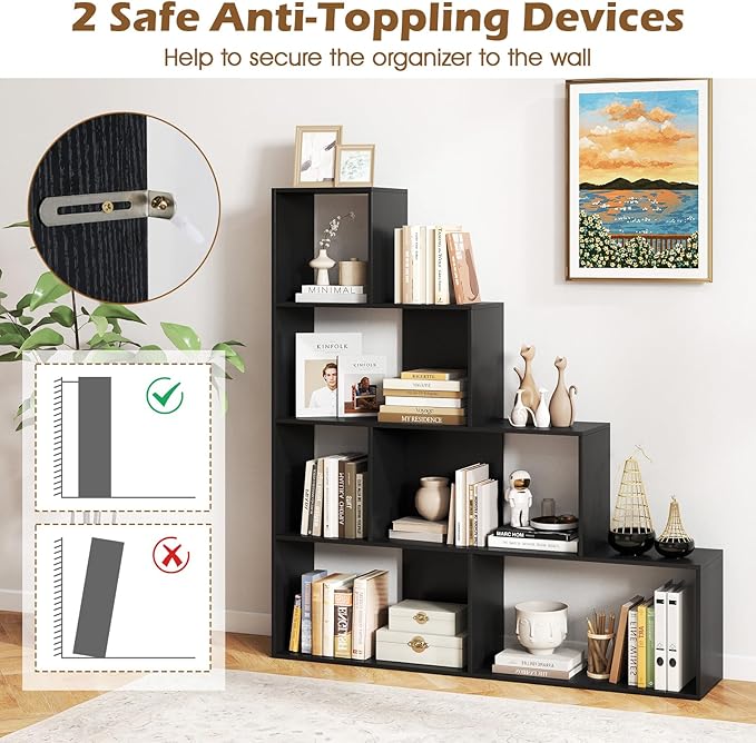 Tangkula 4-Tier Stepped Bookshelf, Freestanding 6 Cubes Ladder Bookcase with Anti-Tipping Kits, 64" Tall Modern Wooden Storage Display Rack for Home Office Living Room Study (2, Black)