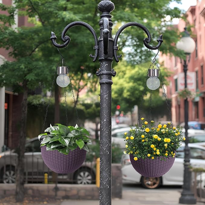 Hanging Planters for Outdoor Plants,2 Pack Coffee Artificial Rattan Solar Hanging Baskets with Drainage Holes & Removable Tray,Hanging Flower Pots Gardening Gifts for Women/Mothers