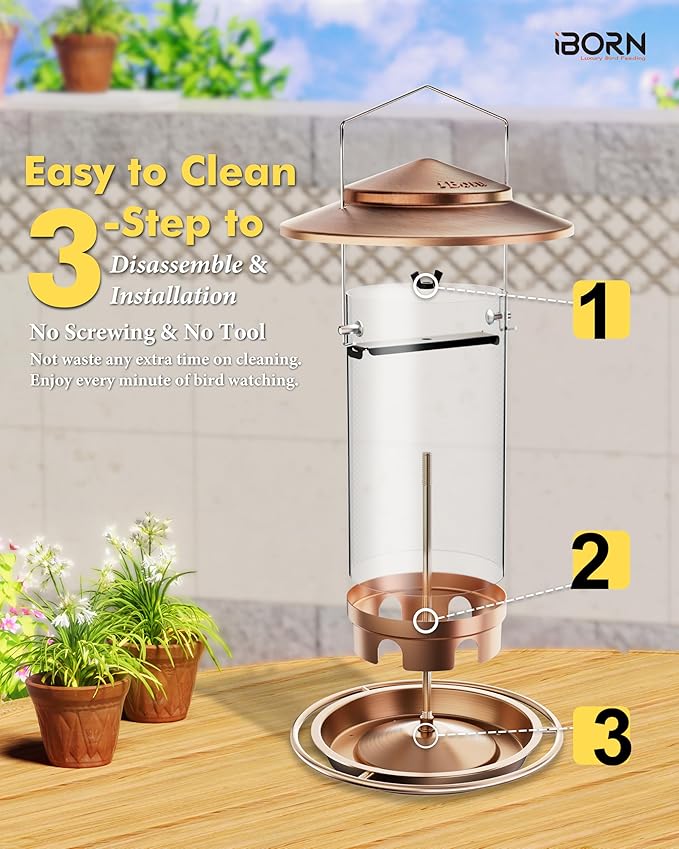 iBorn Bird Feeders for Outdoors Hanging,Metal Bird Feeders for Cardinal Chew Proof 18cm Large Roof&Tray Birdfeeders Outside Hanging,Brushed Copper 6 Port (Seed is not Included)