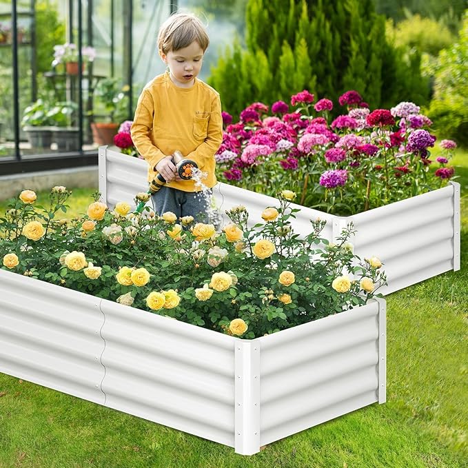 6x3x1ft Large Outdoor Planter Boxes Kit Set of 2, Galvanized Raised Bed Planter with Open-Ended Base Design, Elevated for Outdoor Plants, Durable Raised Bed for Gardening,Beige