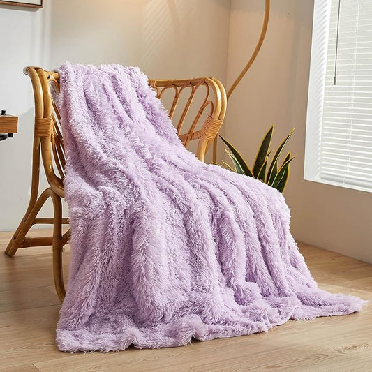 XeGe Luxury Faux Fur Bed Blanket, Soft 60x90 Lavender Fluffy Throw, Shaggy Plush Decorative Couch Blanket, Cute Furry Fuzzy Throw for Bed Bedroom Living Room Light Purple, 60x90