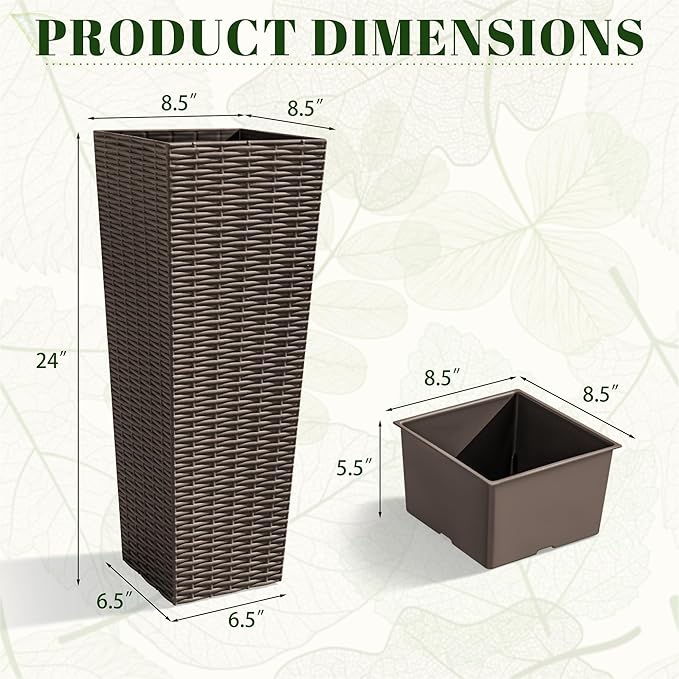 JUMMICO Set of 2 Resin Rattan Tall Planters for Outdoor Plants, Large Tapered Planters with Drainage Holes&Inner Trays, Flower Pots for Garden, Patio, Porch, Backyard (Brown, 24'')