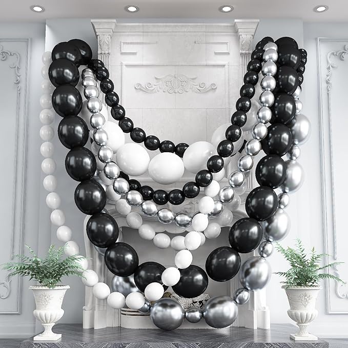 Black White and Gold Linking Balloons, 90PCS Black Gold and White Balloon Arch, Metallic Silver Quick Linked Connecting Balloon for Wedding Birthday Baby Shower Graduation New Year Party Decorations