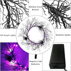 24 Inch Halloween Wreath for Front Door - Lighted Black Spider Wreath with Purple LED Lights, Outdoor/Indoor Spooky Decorations for Halloween Party, Porch, Holiday Home Decor