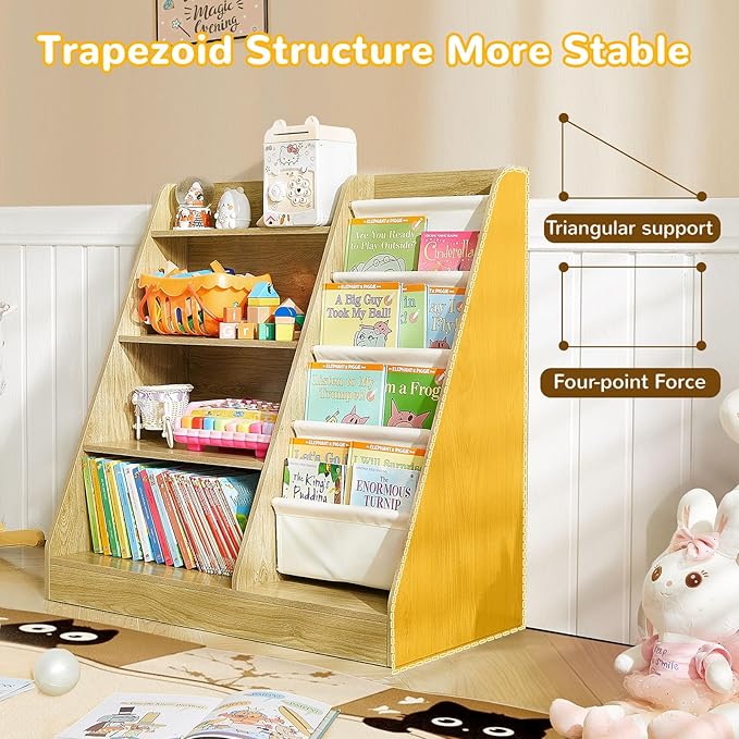 Kids Bookshelf, 4-Tier Kids Wooden Bookshelf with Toy Storage Montessori Toy Shelf, 32”L x 16”D x 32”H Nursery Bookshelves Childrens Bookcase Baby Toddler Book Shelf for Kids Rooms Clearance