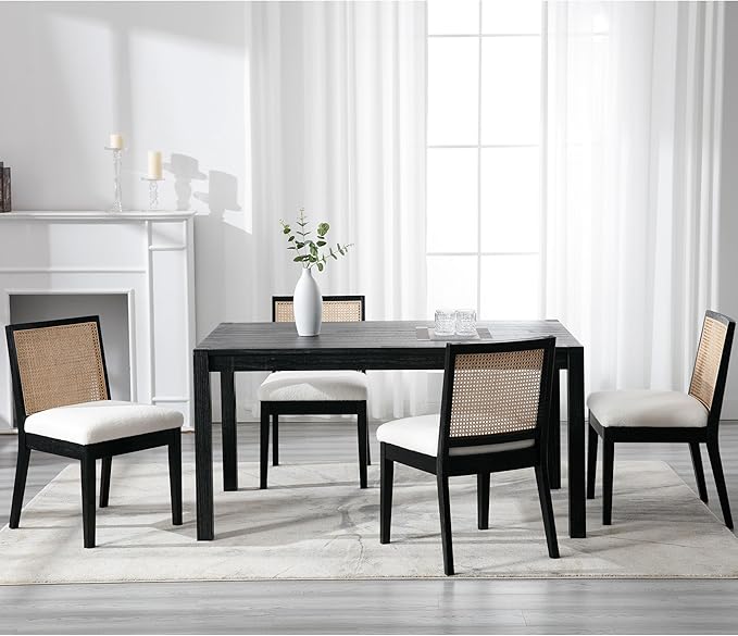 VESCASA Upholstered Dining Chairs with Square Rattan Back, Armless Padded Sherpa Fleece Cushion Dining Chairs with Wood Legs for Dining Room, Kitchen, Set of 4, Black Frame