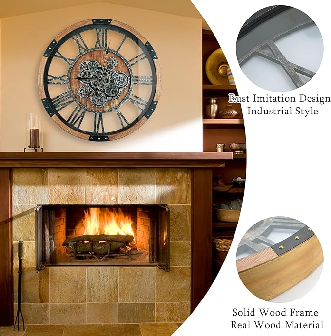 24 Inch Moving Gear Wall Clock, Oversized Wall Clocks, Clock Living Room Decor, Solid Wood Frame, Battery Operated, Large Wall Clock with Steampunk Industrial for Fireplace(Brown)