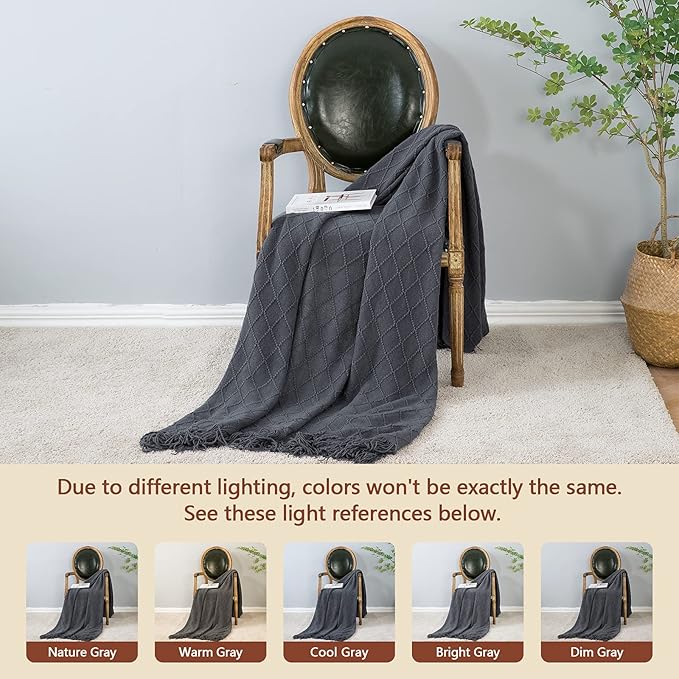 inhand Grey Throw Blanket for Couch and Bed, Soft Living Room Home Decor Knitted Blanket with Tassel, Outdoor Lightweight Breathable Summer Blanket, Farmhouse Warm Woven Decorative, 50"x60"