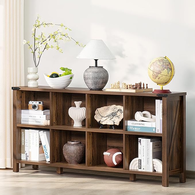 8 Cube Book Shelf, Farmhouse Wood Long Storage Organizer Bookcase, 62" Horizontal Brown Walnut Console Closet Bookshelf, Hallway TV Stand for Entryway, Display Cabinet Book Case for Office