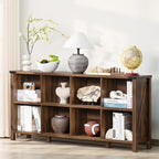 8 Cube Book Shelf, Farmhouse Wood Long Storage Organizer Bookcase, 62" Horizontal Brown Walnut Console Closet Bookshelf, Hallway TV Stand for Entryway, Display Cabinet Book Case for Office