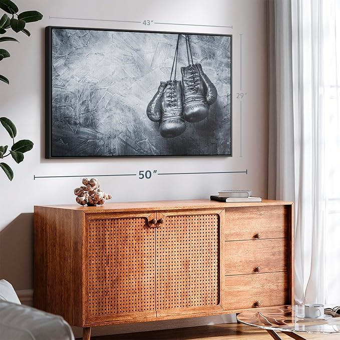 ElephantStock Boxing Gloves Wall Art - Horizontal Framed Canvas - 1-Piece Living Room Wall Decor - Photography Sports Canvas Print - Black and Gray Decor for Wall - 43" X 29"