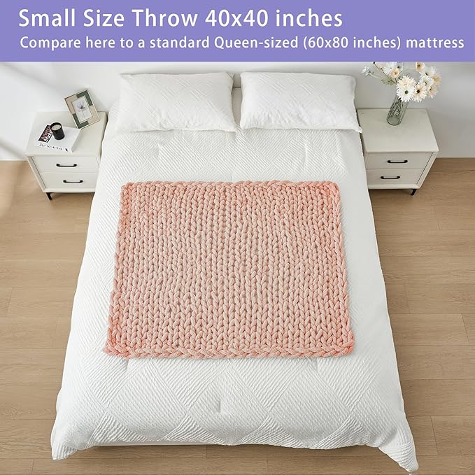 Bigacogo Chunky Knit Throw Blanket for Couch, 40x40 inches, 100% Hand Knitted with Thick Jumbo Chenille Yarn, Cozy Soft Large Rope Knot Cable Crochet Blankets for Sofa Bed Living Room, Peach Fuzz