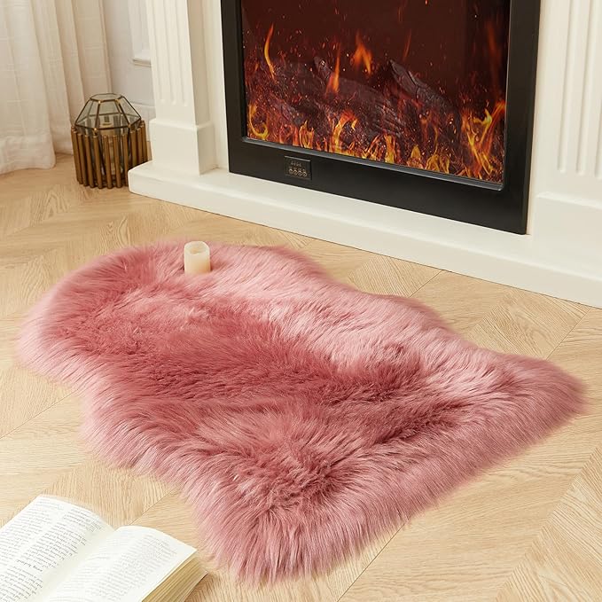 AMTOVO Faux Fur Rug, Blush Pink Small Area Rug, Fluffy Sheepskin Rug, Fuzzy Ultra Soft 2 x 3 ft Shag Rugs for Bedroom Sofa Throw Cushion Room Decor, Sheepskin